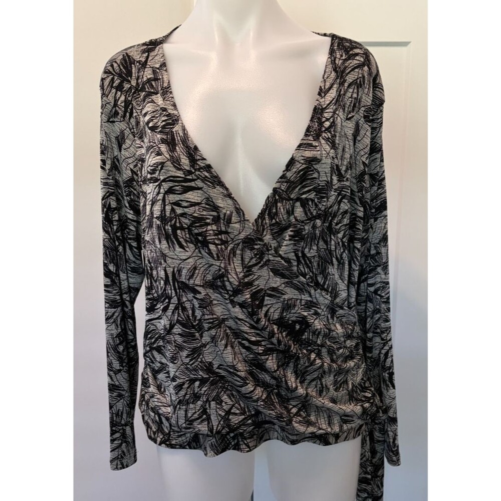 Coldwater Creek Womens Knit TOP Long Sleeve Gray Black Faux Wrap Size 1X